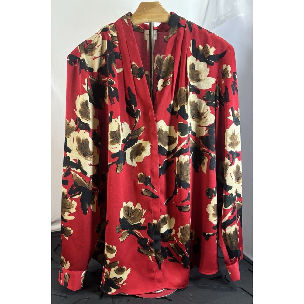 Chico’s Top Women’s Size 2 Large Red Floral Polyester Long Sleeve V Neck